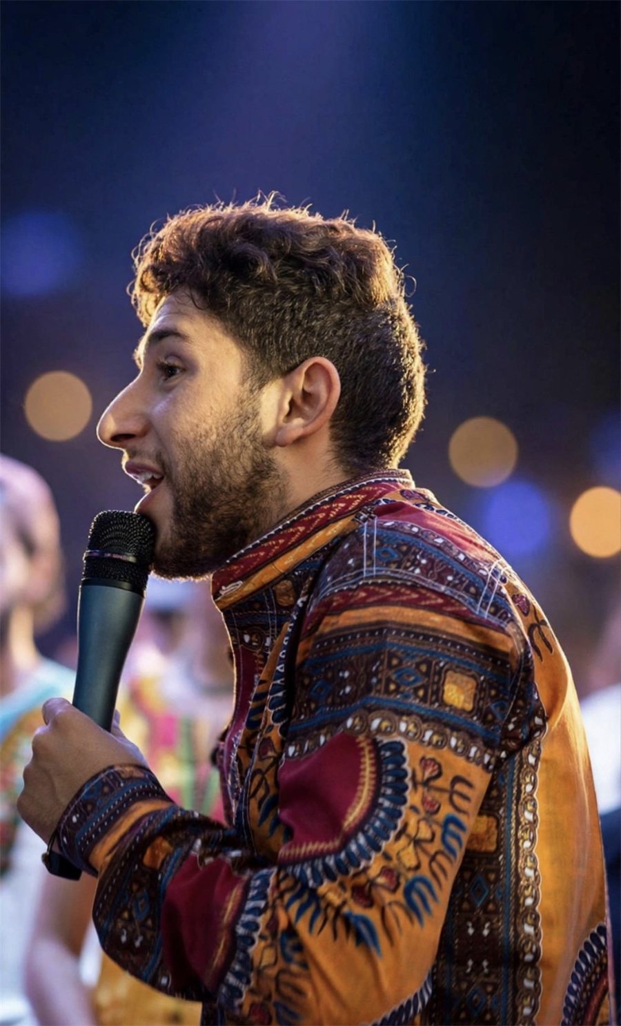 Portrait d'Ayoub Chatar, micro à la main, en chemise wax colorée, lors d'un spectacle
